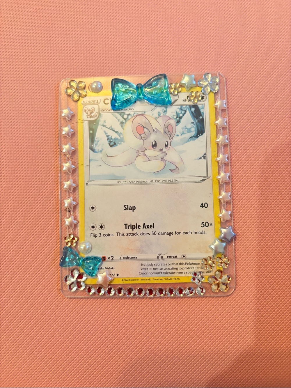 Pokemon Cinccino Trading Card with hand decorated Top Loader